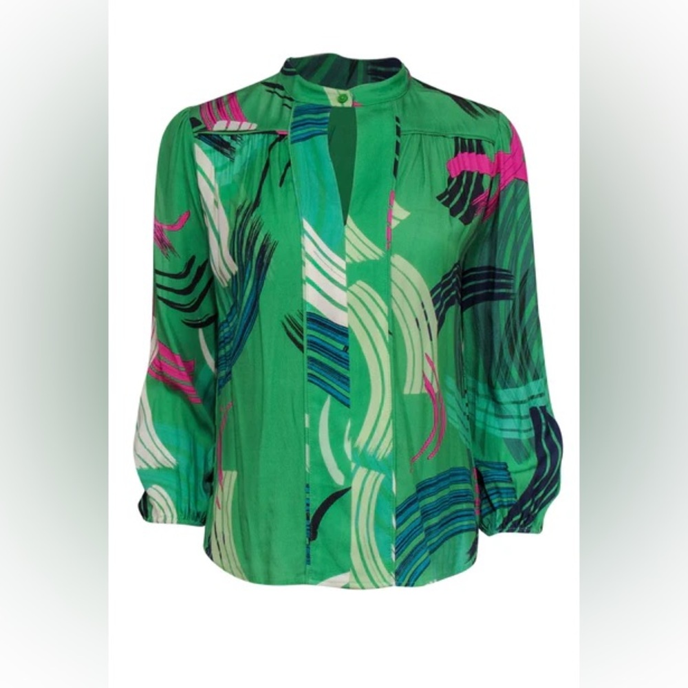 The Odells Anthropologie Green and Pink Abstract Women's Top